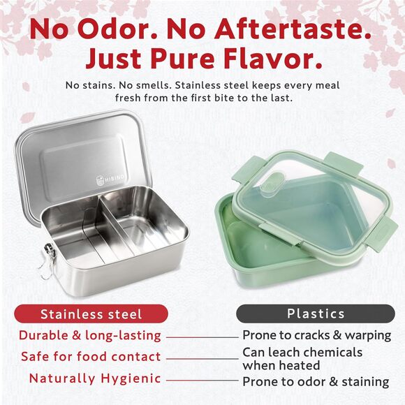 HIBINO 1200ml Stainless Steel Bento Box Leakproof Lunch Box, Divider & Sauce Cup - Picture 4 of 8